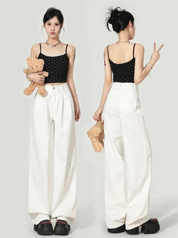 

Y2K Korean Style Women's White High Waisted Wide Leg Jeans 2026 Spring Summer New Pleated Design Draped Casual Pants Streetwear