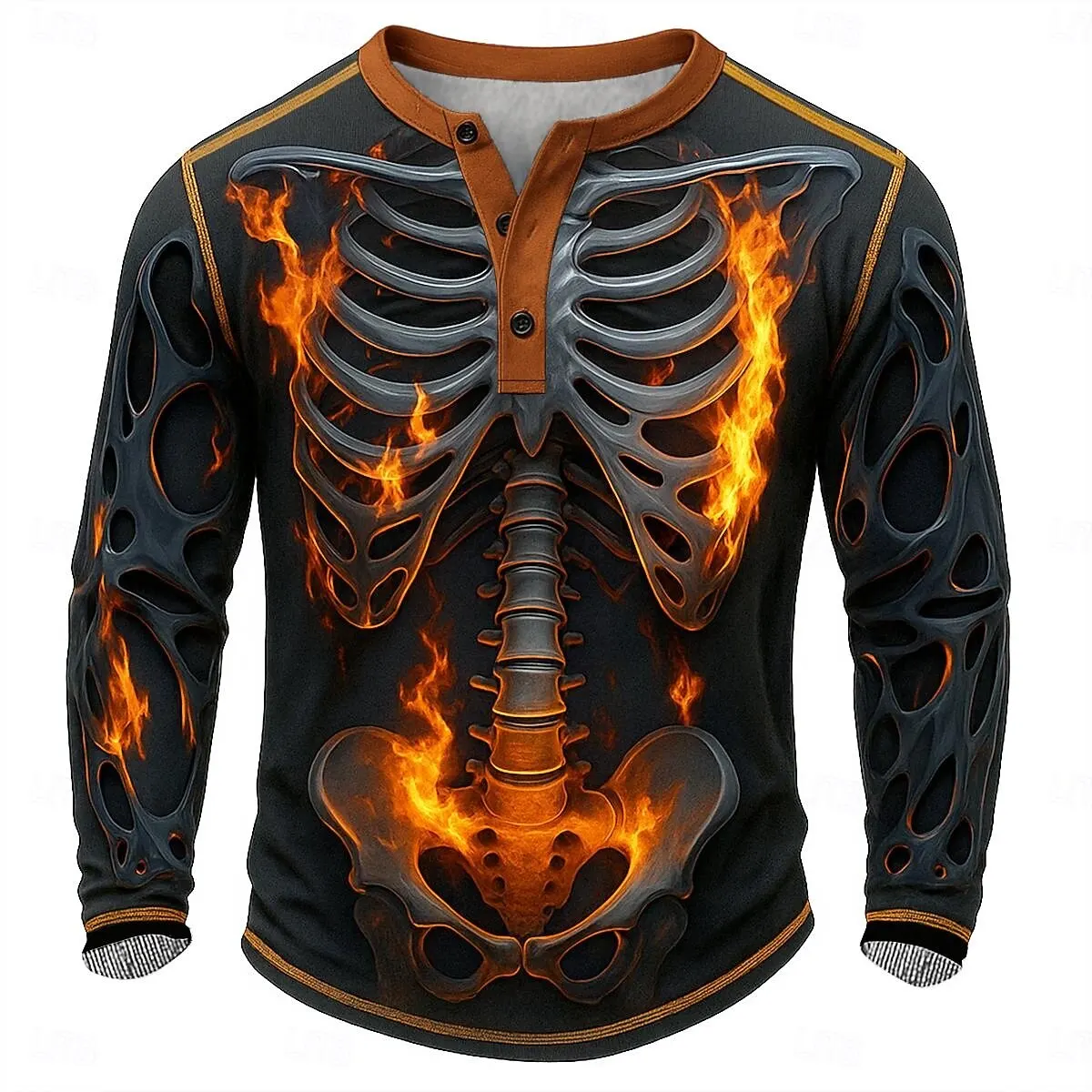 

Men's Flame Skeleton Graphic Henley T-Shirt Autumn Gothic Long Sleeve Button Tops Funny Creative Design Comfortable Male Clothes