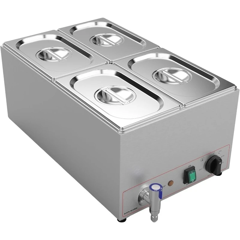 

Коммерческий 4-секционный подогреватель еды Bain Marie из нержавеющей стали, 16-каратный шведский сервер с крышкой и краном для дома, общественного питания, Res