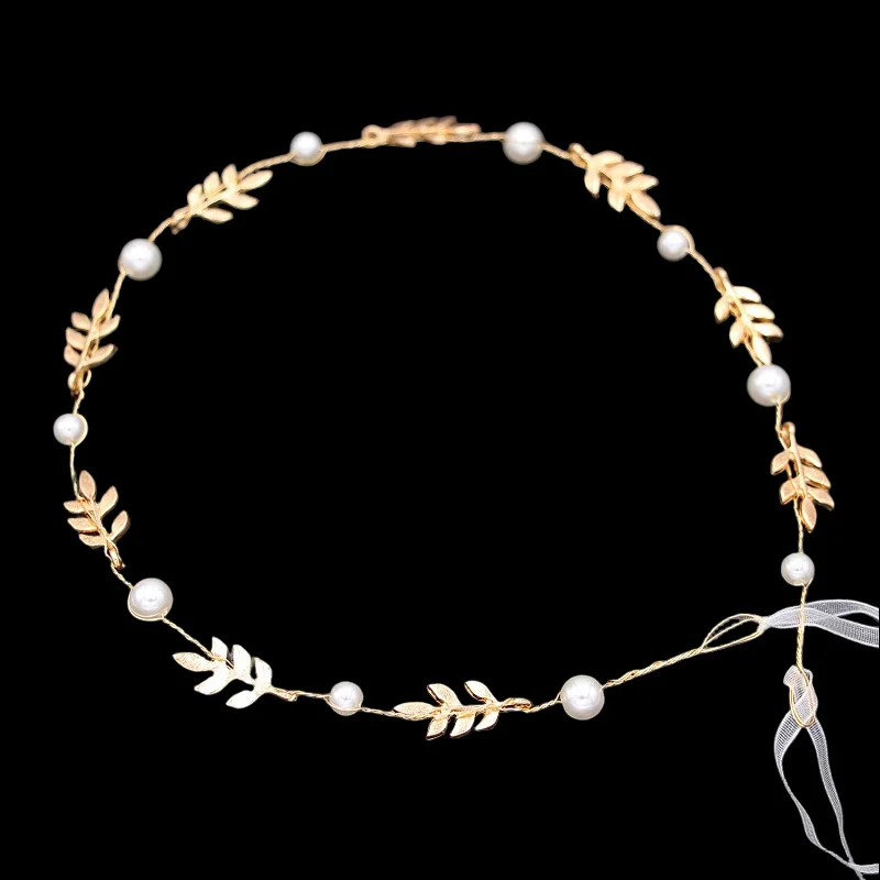

Bridal Hair Accessories Hair Bands Korean Gold Leaves Wreath Vintage Pearl Wedding Tiara Headband Women Girls Hair Crown