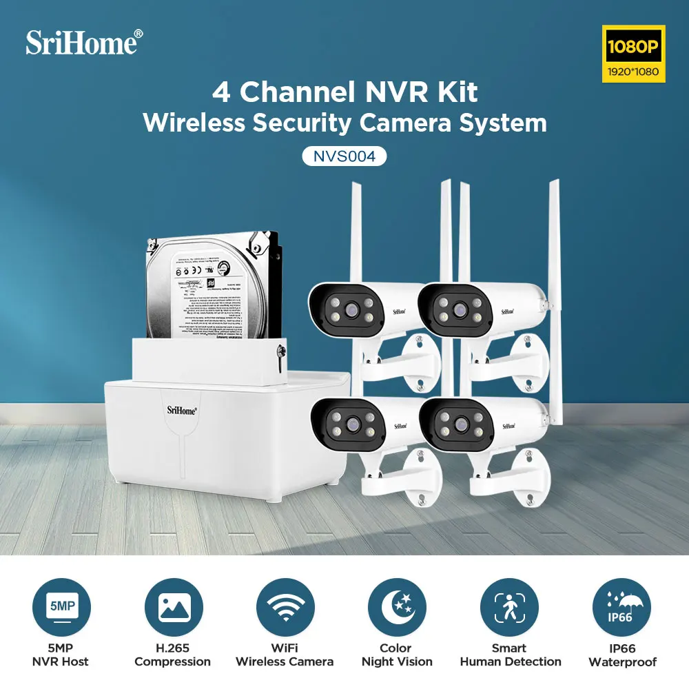 

SriHome NVS004 1080P 4CH Wireless Security Camera System NVR KiT Surveillance Cam Two Way Audio Outdoor Home IP Camera Nvr Set