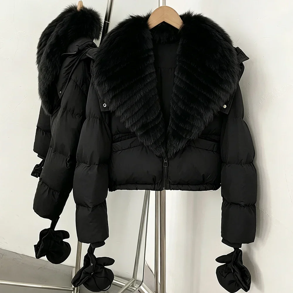OFTBUY Neue Winter-Kapuzenjacke, kurze Daunenjacke mit echtem Fuchsfell, Damen-Daunenjacke mit abnehmbaren Handschuhen – Detail 8