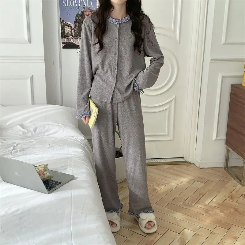

Korean Version Ins Woman Pajamas Spring Autumn Long Sleeves Skirt Homewear Sweet Cute Lady Go Out Lounge Clothes Suit