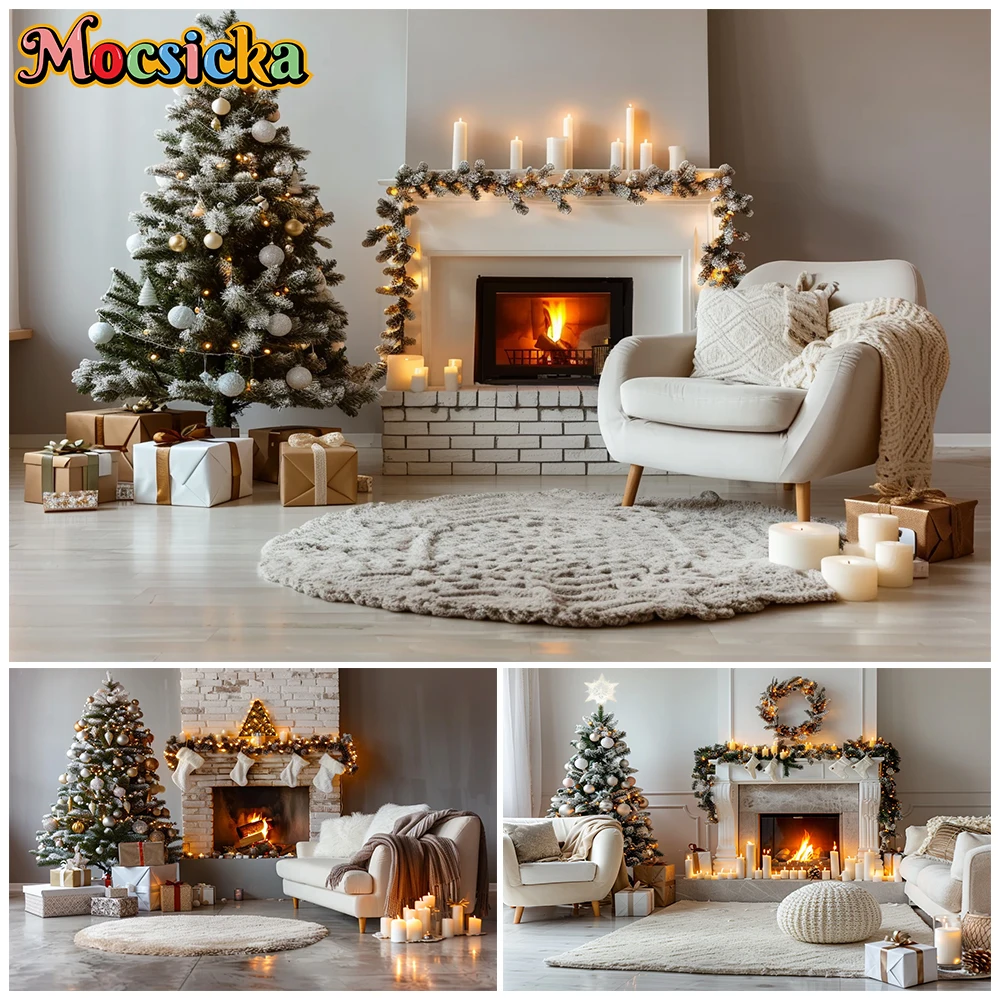 Mocsicka Moderner Weihnachts-Wohnzimmer-Hintergrund, weißer Ziegelkamin, Baum, Urlaubs-Fotografie-Hintergrund, Requisiten, Tapete