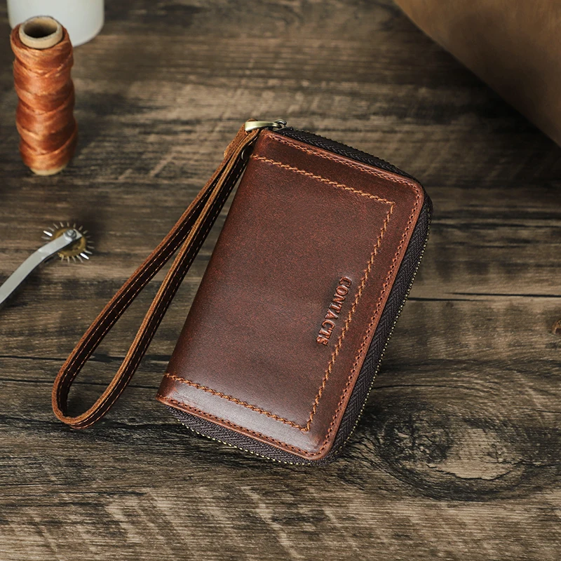 CONTACT'S Genuine Leather Key Wallets Key Chain Holder Full Grain Leather AirTag Slot Male Mini Wallets Key Pouch Card Holders