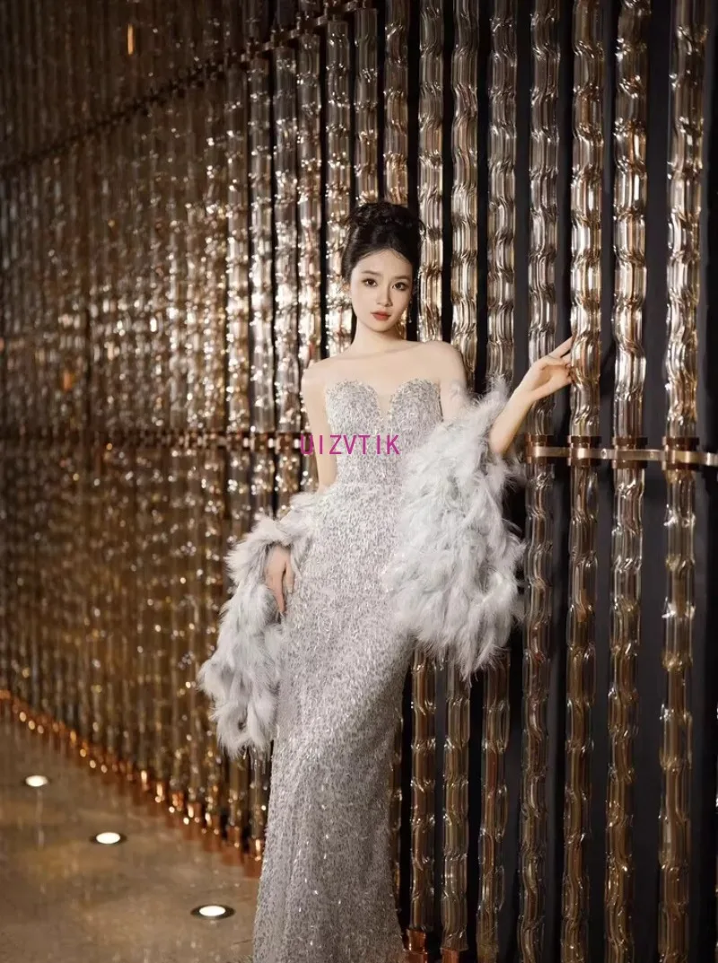 Vestidos de noche elegantes sin tirantes con lentejuelas para mujer con chal, vestido de fiesta con cuentas de lentejuelas, vestidos largos sexis de sirena para novia