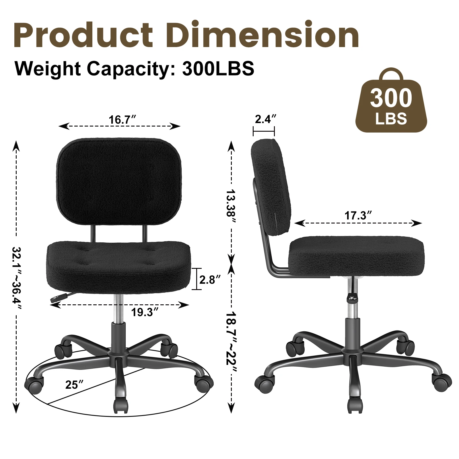 Cadeira de escritório sem braços com assento largo, cadeira de mesa para computador doméstico, almofada espessada, couro pu, giratória, estofada