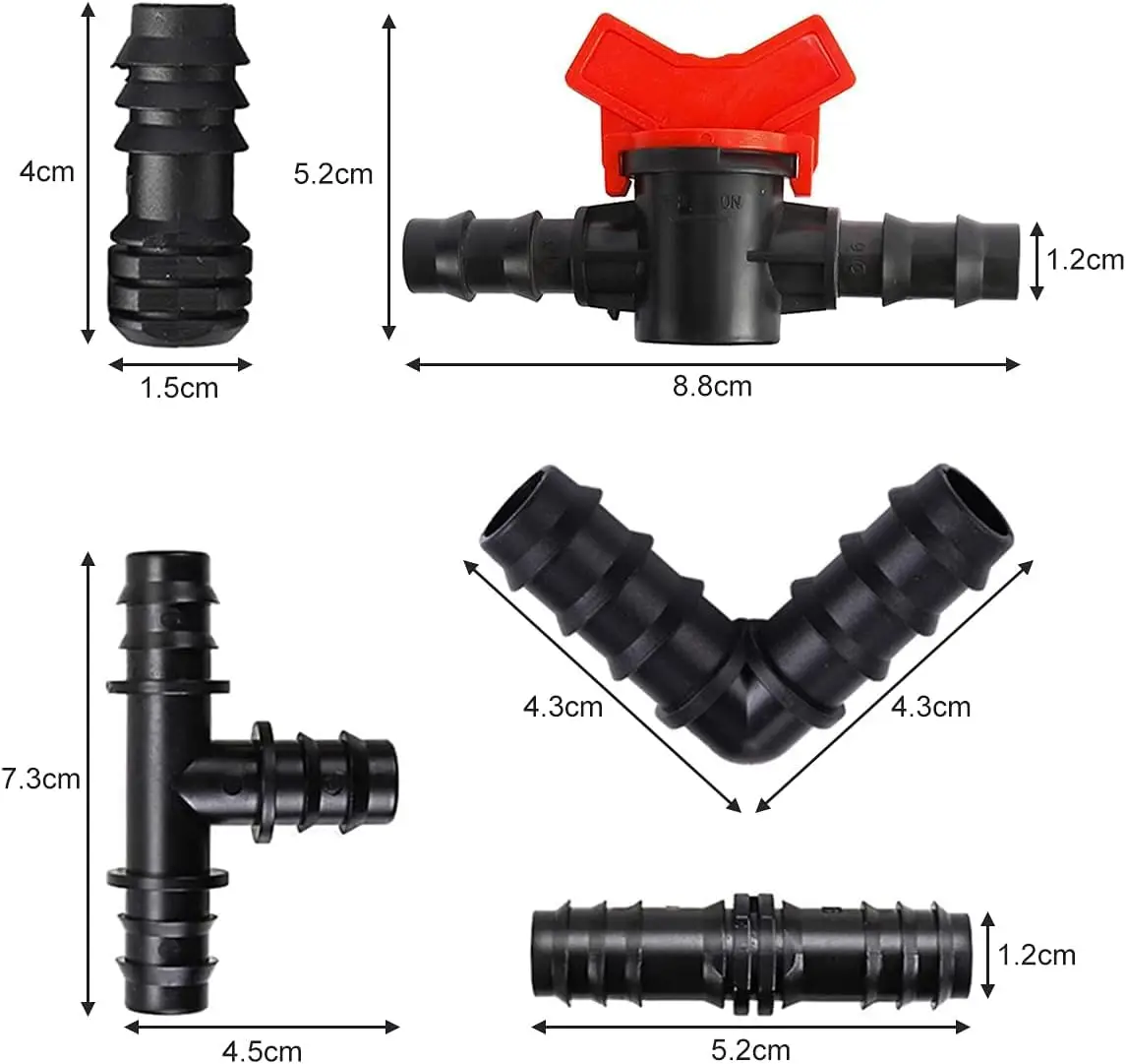 34Pcs 1/2 Inch Drip Irrigation Fittings Kit, Includes Straight Connector Tee Elbow Plug for 16mm Garden Watering Hose Tubing