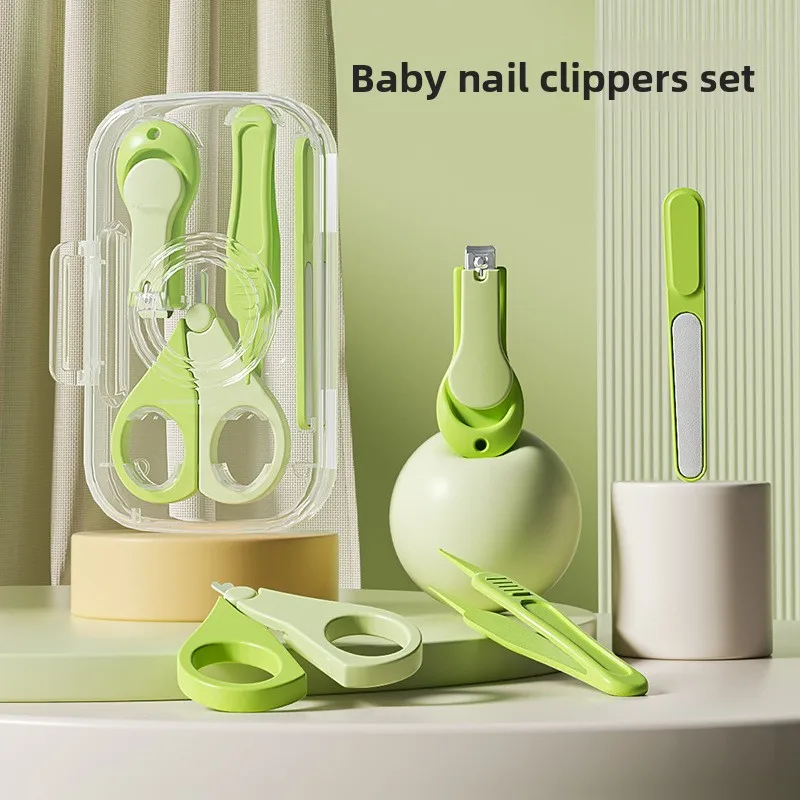 Conjunto de aparador de unhas para bebês 4 em 1, aço inoxidável + material de segurança ABS, kit de aliciamento para recém-nascidos, durável, anti-esmagamento de carne