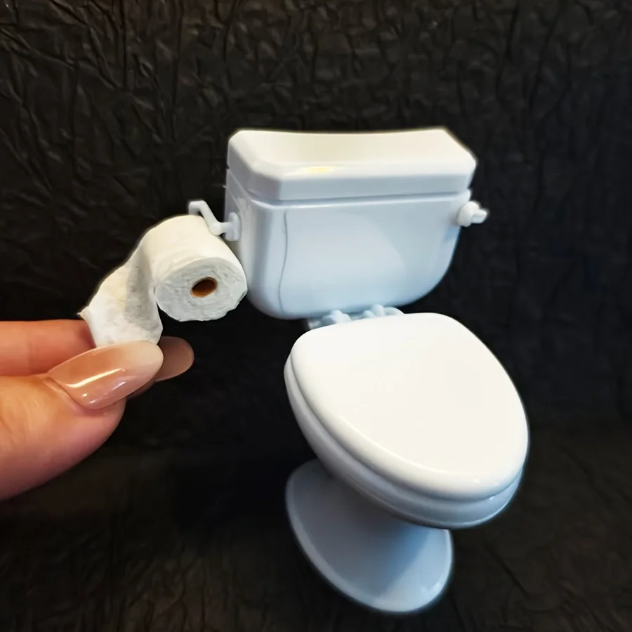 Dollhouse Toilet Decor, Pull‑Out Tissue, Flip‑Up Seat, Hangable Tissue Roll, Simulated Flush Button, Dollhouse Bathroom Accessor
