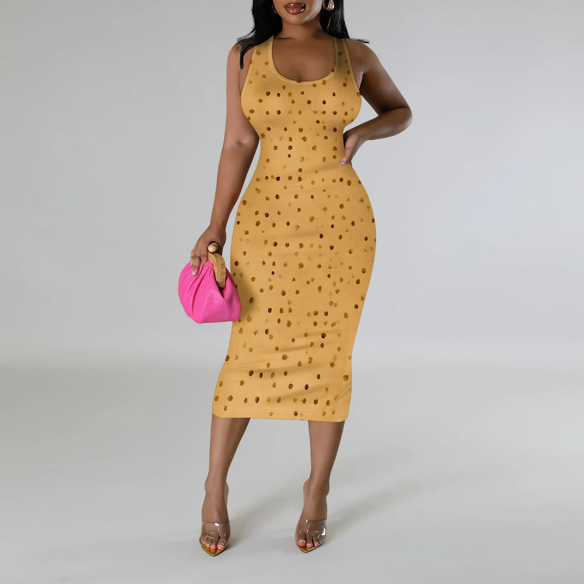 Polka Dot Print, Sleeveless Bodycon Dress, Casual Midi Dress, Summer Party Wear, S-3XL