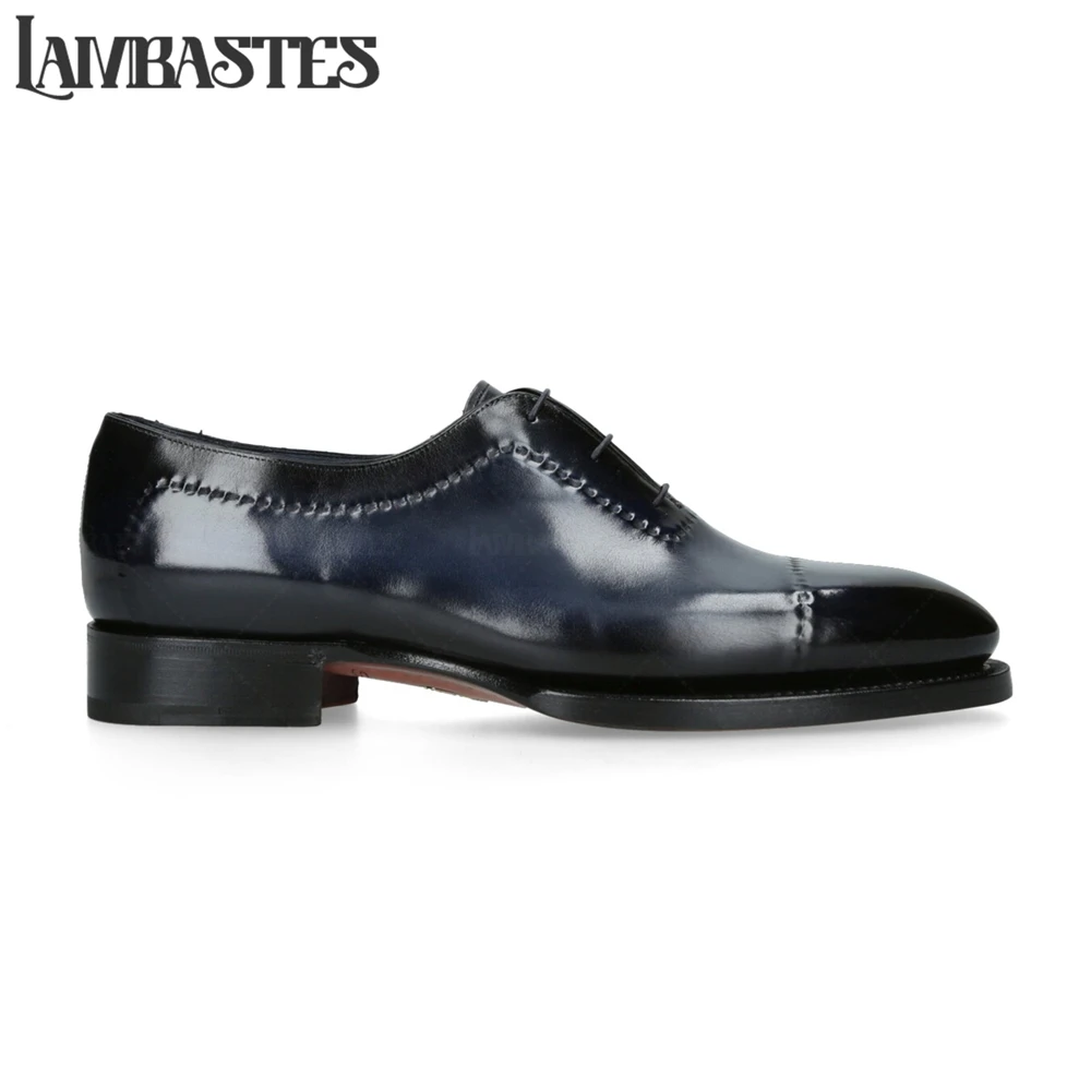 Stitched Oxford Shoes Lace up Polished Leather Dress Shoes with Hand Stitched Seamless Upper Black Blue Hand Painted Dress Shoes - view 5