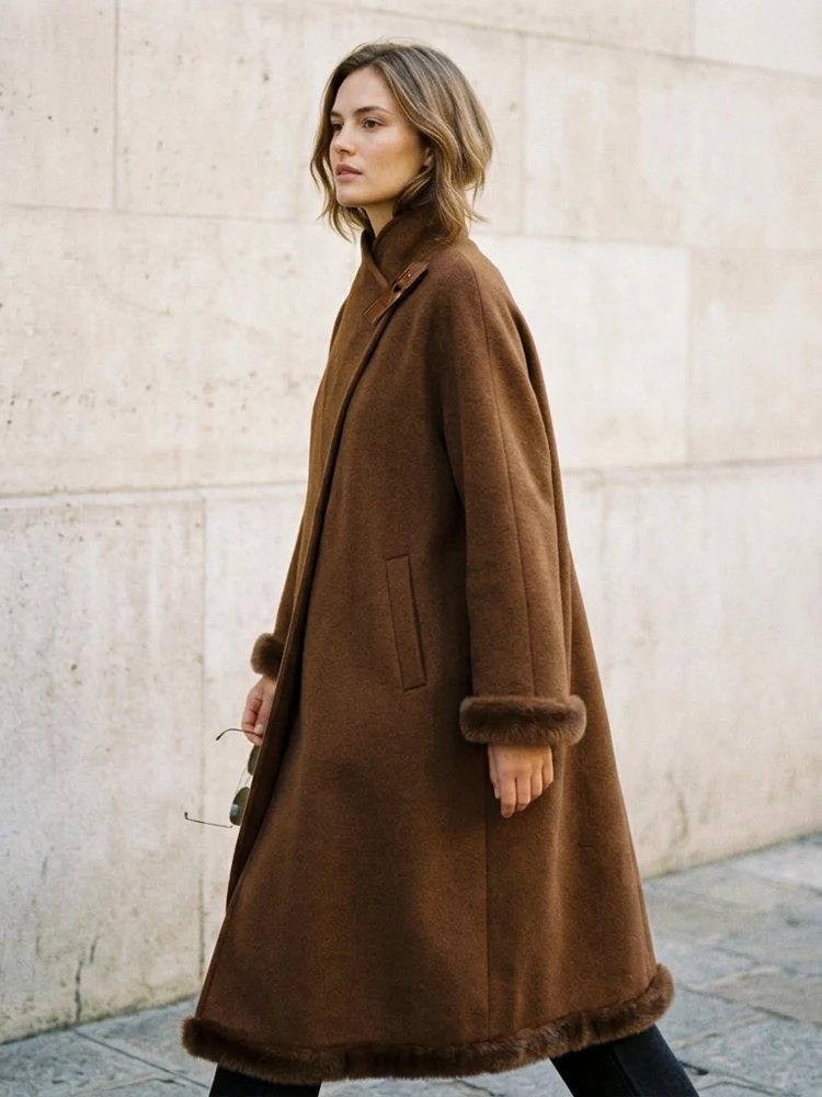 Women Fashion Brown Fringed Patchwork Long Jackets Flip Tie Pocket Single Breasted Loose Winter Coats Street Daily Outerwear