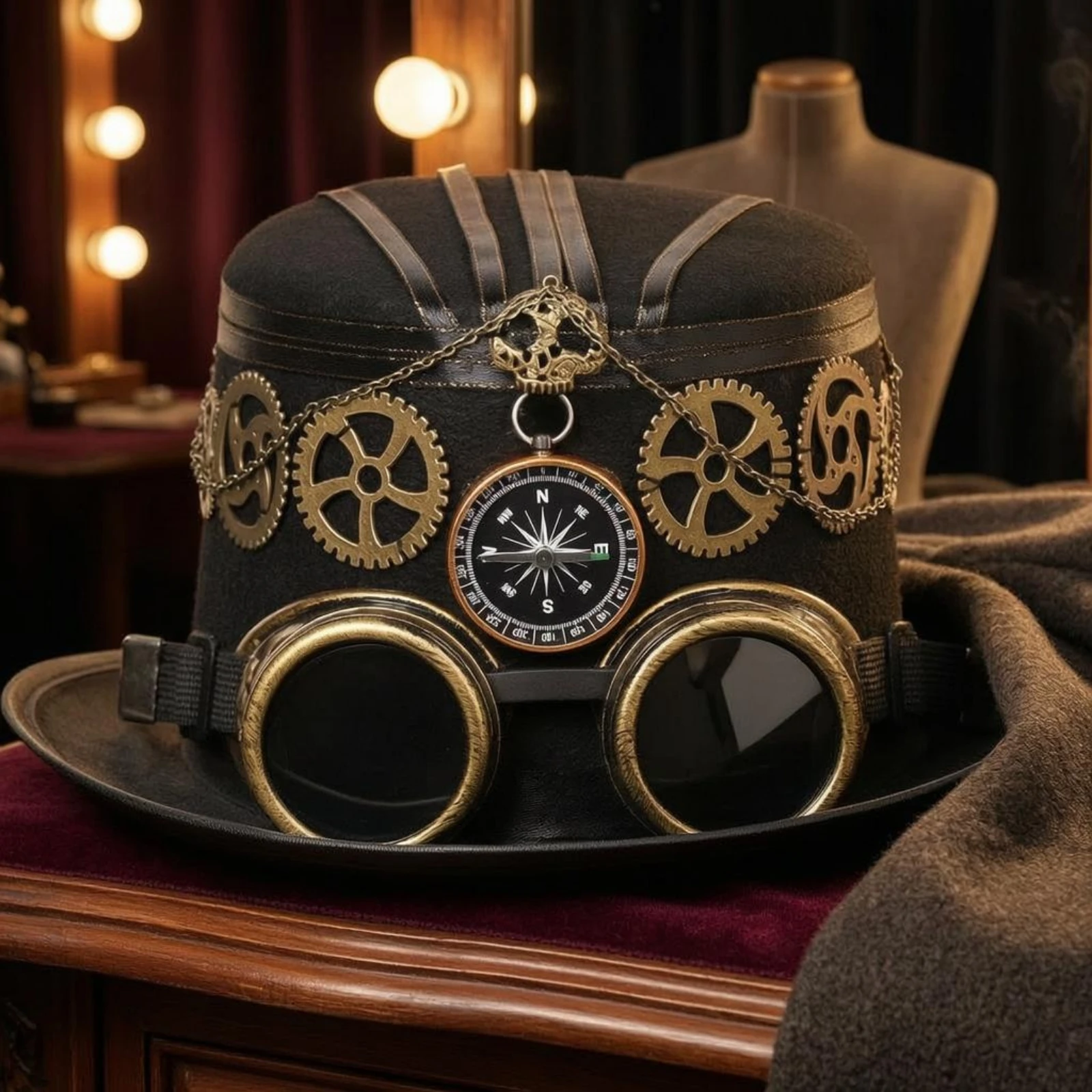 Steampunk Top Hat Structured Crown Vintage Steampunk Hat Costume Accessory Compass Ornament for Stage Performance, Theater