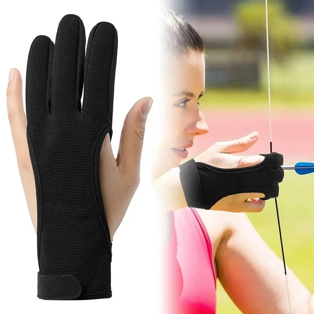 Non-Slip Three-Finger Gloves Breathable Leather Fingertip Recurve Bow Gloves Lightweight Black Shooting Hand Guard Beginners Use