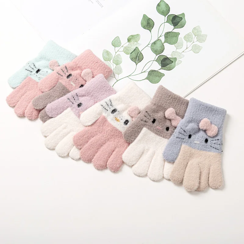 Winter Knitted Children\'s Gloves 3-10 Years Warm Soft Rabbit Wool Cartoons Kids Gloves Child Full Finger Baby Boys Girls Mittens