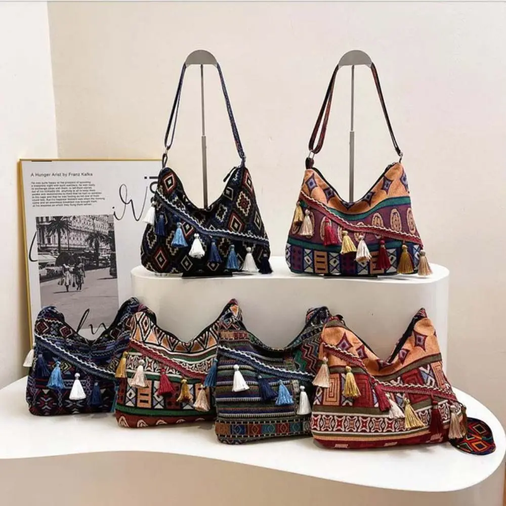 

Сумки через плечо с кисточками в этническом стиле, тканая сумка-мессенджер, сумка через плечо с бахромой, большая вместительная женская богемная большая сумка с геометрическим рисунком