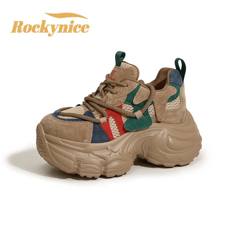 Women's Chunky Sneakers Thick Bottom Vulcanize Sport Shoes New Genuine Leather Platform Casual Running Dad Shoe for Woman Female