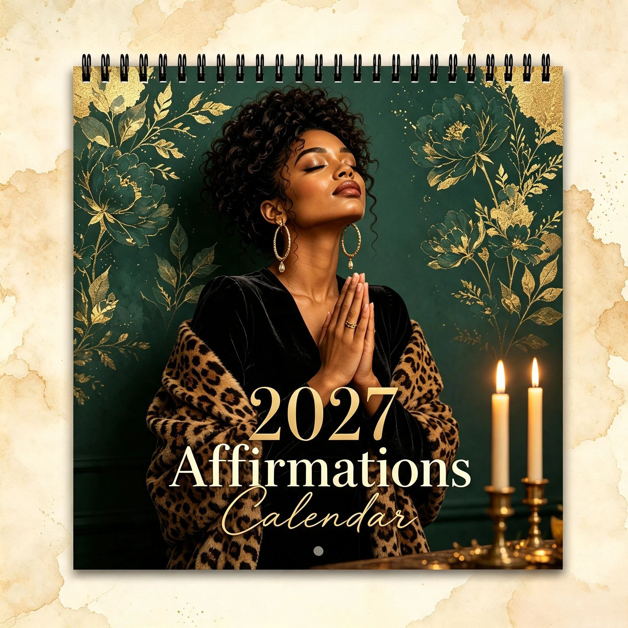 2027 Affirmations Wall Calendar, 12-Month Inspirational Self Love Calendar for Women, Elegant Green & Gold Floral Spiral Monthly