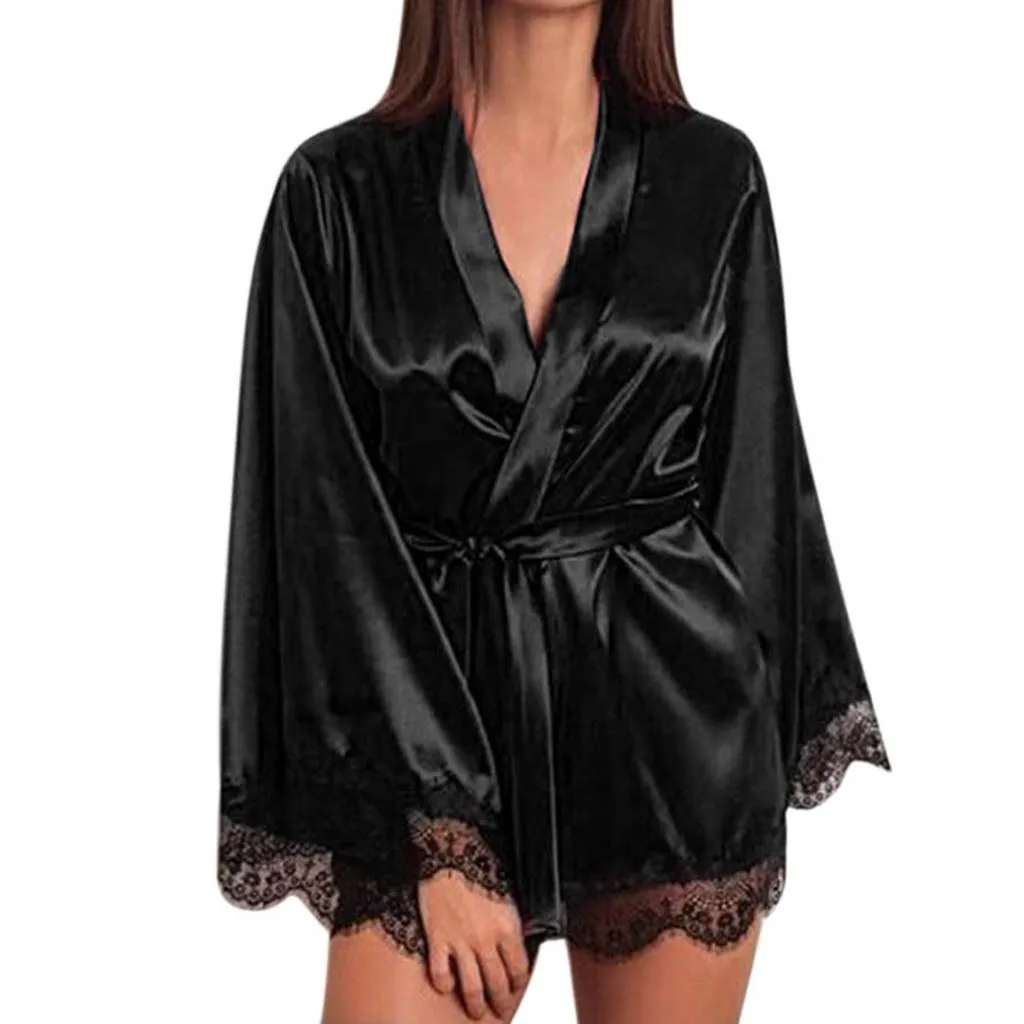 Women Satin Robe Sexy Femme Nightdress Silk Lace Lingerie Nightgown Sleepwear Sexy Nightdress Cotton Women Bathrobe