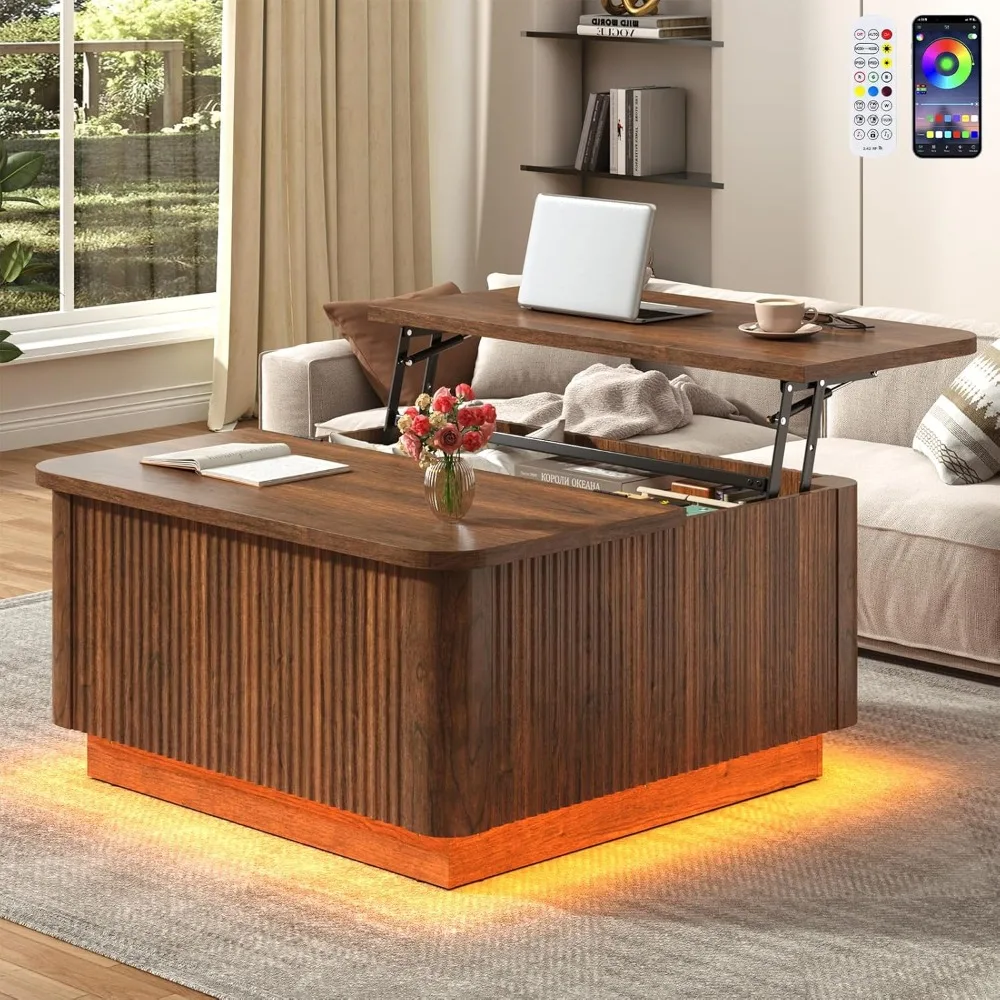 

Lift Top Coffee Table with Storage, Wood Square Coffee Tables W/6000-Colors Lighting, Multi-Function Groove Texture Center Table