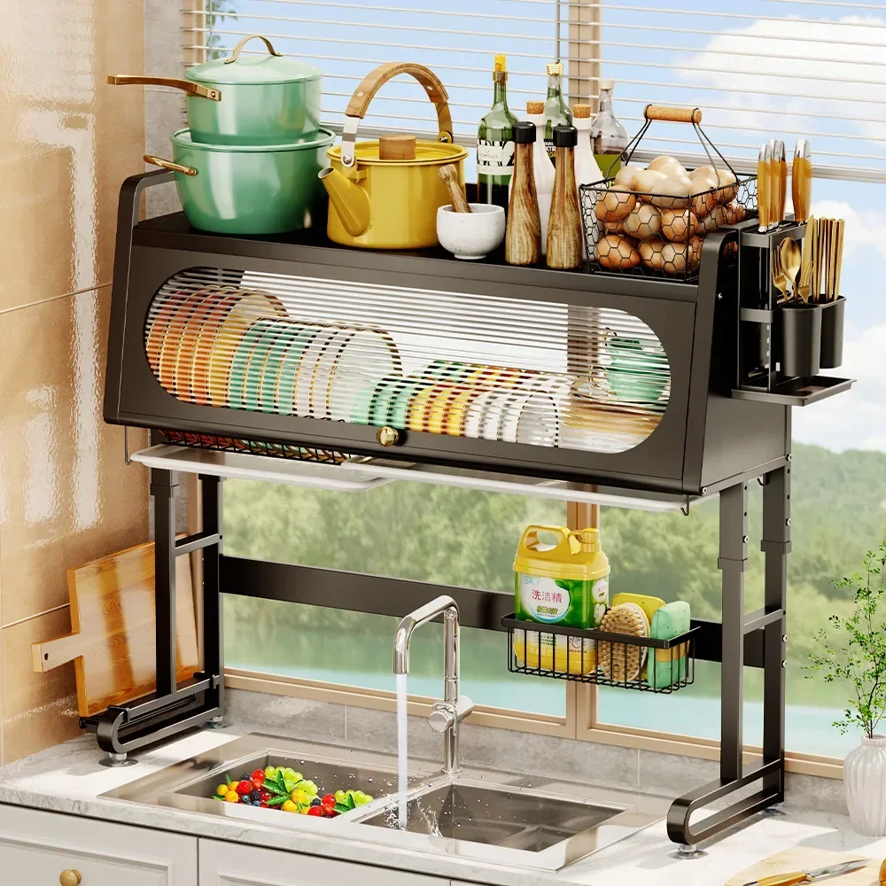 Kitchen sink shelf Dish drain rack with cabinet door  Storage Adjustable dustproof bowl and plate kitchen accessories organizer