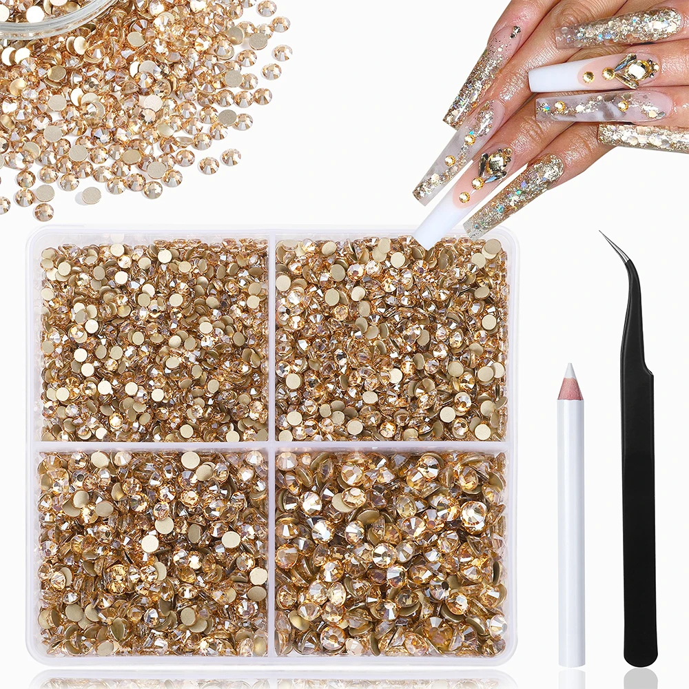 3800Pcs Gold Rhinestones Nail Gemstones Crystals,Champagne Rhinestones Face Jewelry With Crayon Tweezers