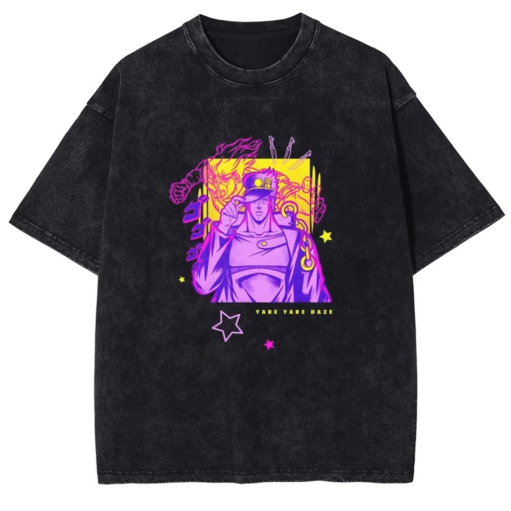 Anime JoJo's Bizarre Adventure T-shirt Kujo Jotaro Vintage Washed T Shirt Men Women Clothing Summer Cotton Short Sleeve Tees