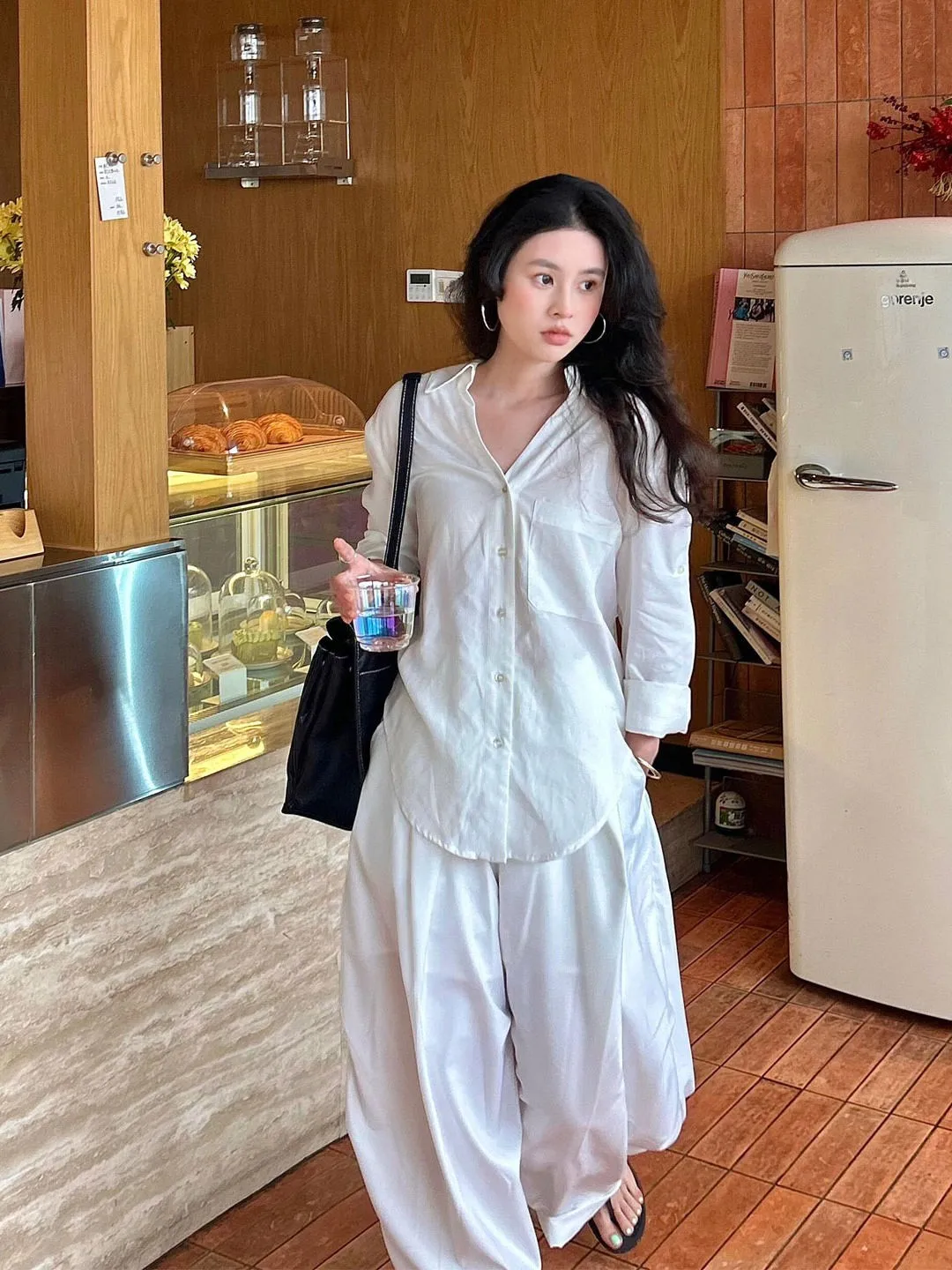 Casual Loose Women's Spring Set Long Sleeve Shirt And Wide Leg Pants Slimming Effect Two Piece Ensemble Classic Preppy Style