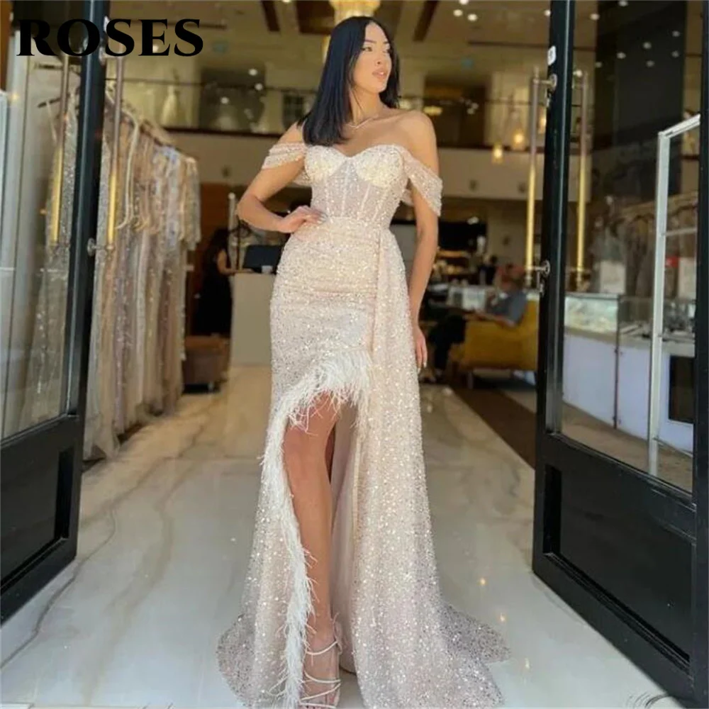 

ROSES Champagne Sequin Prom Dress Feathers Side Split Evening Dress Off the Shoulder Sweetheart فساتين السهرة Sexy Party Dress