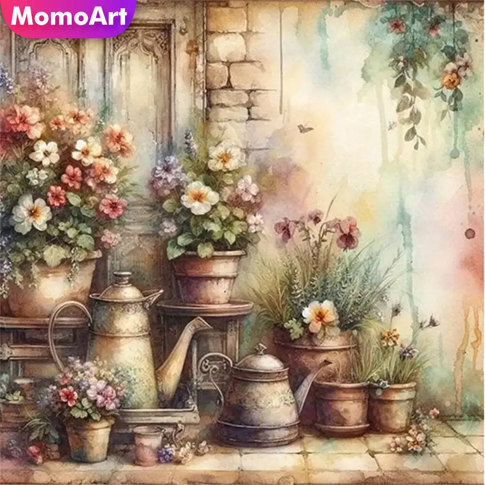 

Momoart Flower Diamond Painting Vase Landscape Full Square Round Diamond Mosaic DIY Watering Can Handmade Hobby