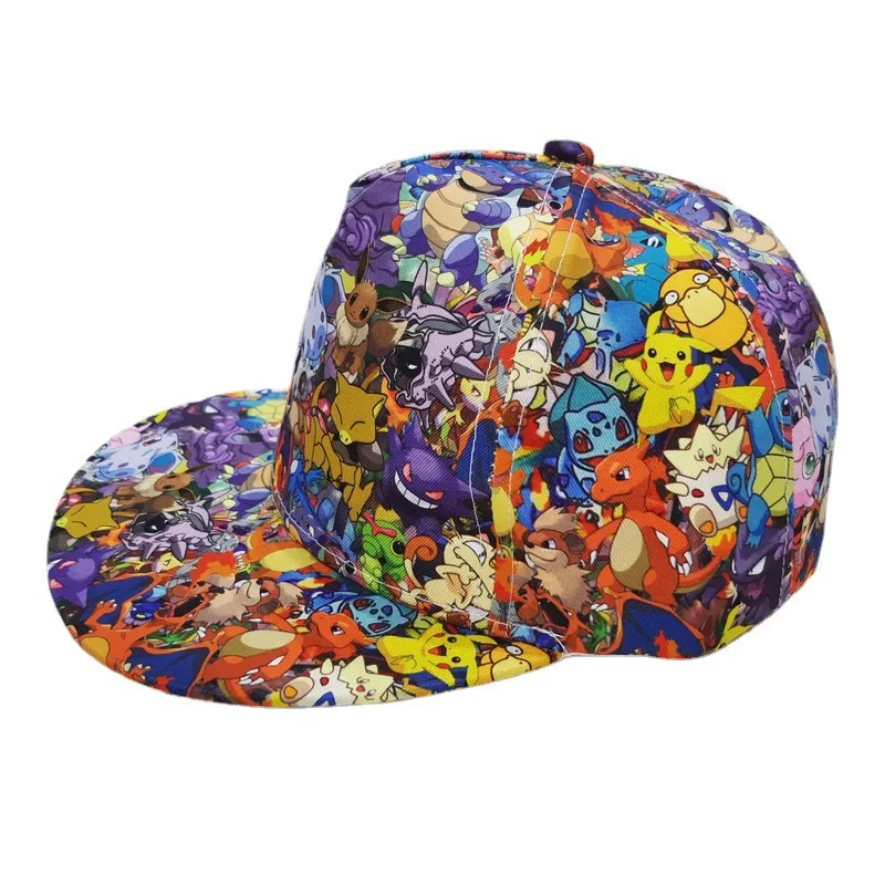 Pokemon All Over Print Cartoon Flat Brim Hat Cotton Polyester Baseball Cap Pikachu Gengar Eevee Adult Sun Protection Sunshade