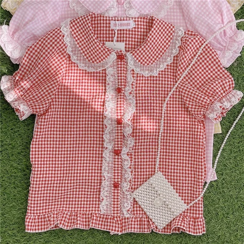 Shirts Women Japanese Style Plaid Sweet Peter Pan Collar Edible Tree Fungus Casual Daily All-match Basic Design Fashion Cozy New