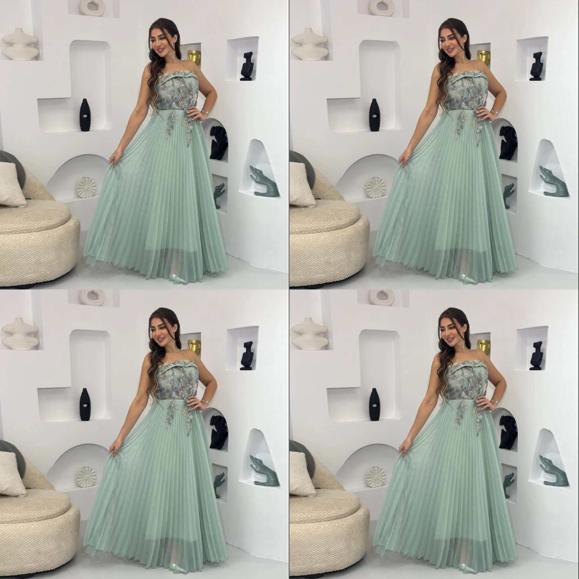 

Exquisite Boat Collar Tulle A-line Pleated Evening Dress Floor Length Backless Prom Gown with Sequins Lace Bespoke Occasion