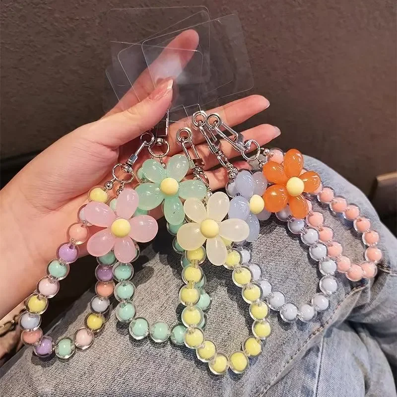CANBOUN Mobile Phone Anti-lost Lanyard Key Short Wrist Flower Pendant Colorful Macaron Round Bead Women's Hand-held Chain