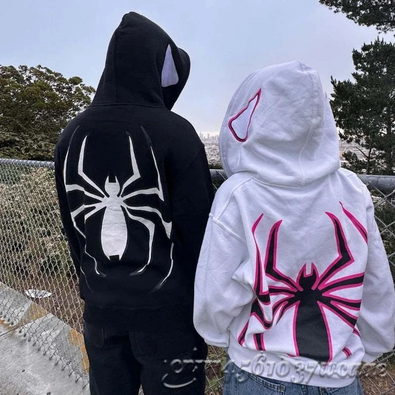 Fashion Unisex Multi‑Color AutumnWinter Spider Print Zip‑Up Hoodie Big Back Spider Print Street Couple Zip Jacket FamilyMatching