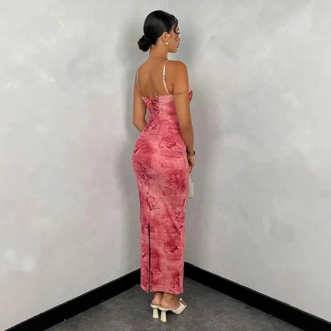 

Sexy Red Retro Lace Long Vest Dr Women's High Waist Bodycon Dr Print Cross-Border Spring Summer Svel Wave Collar