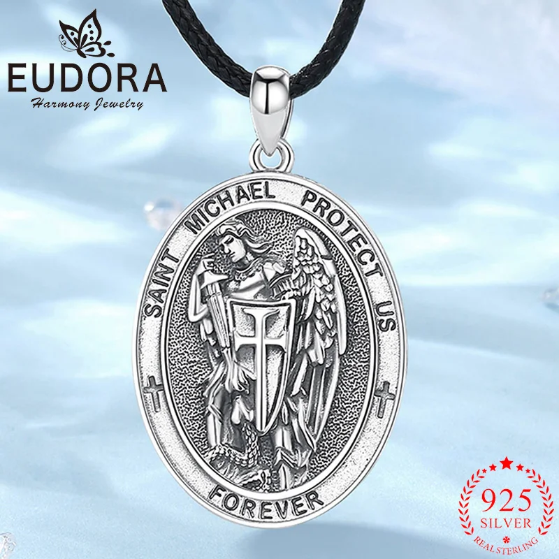 Eudora 925 Sterling Silver Saint Michael Warrior Necklace Vintage Cross Shield Pendant Religious Jewelry Fine Gift for Men Women