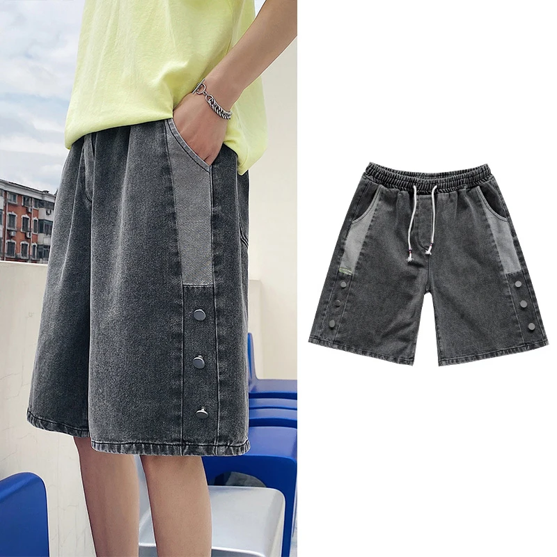 

Loose Fit Men's Denim orts Summer Trendy Button Detail Casual Straight Leg Five-Quarter Length Hong Kong Sle Loose Jeans