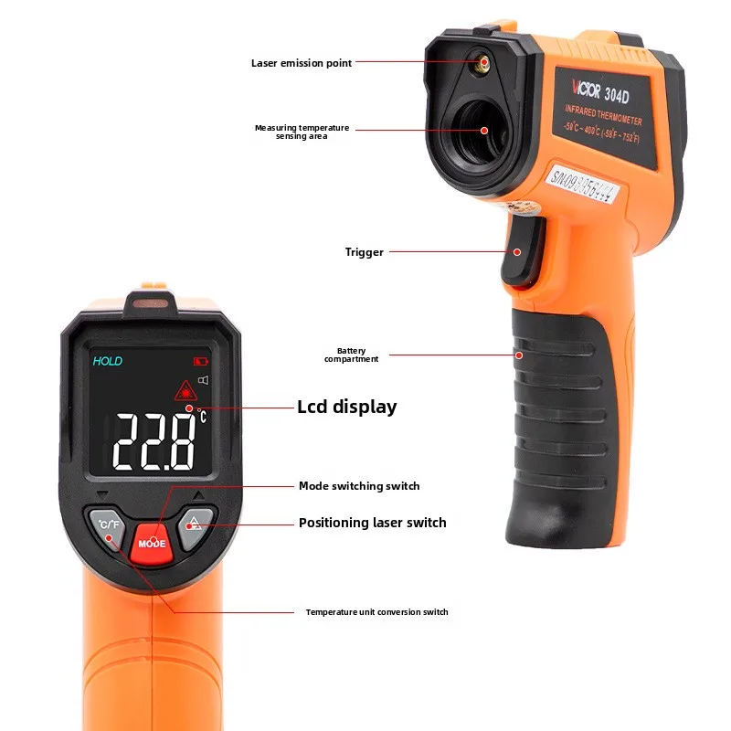 Victor Instrument VC304D Handheld Industrial Infrared Temperature Gun Non Contact High Accuracy Thermometer for Industrial Use