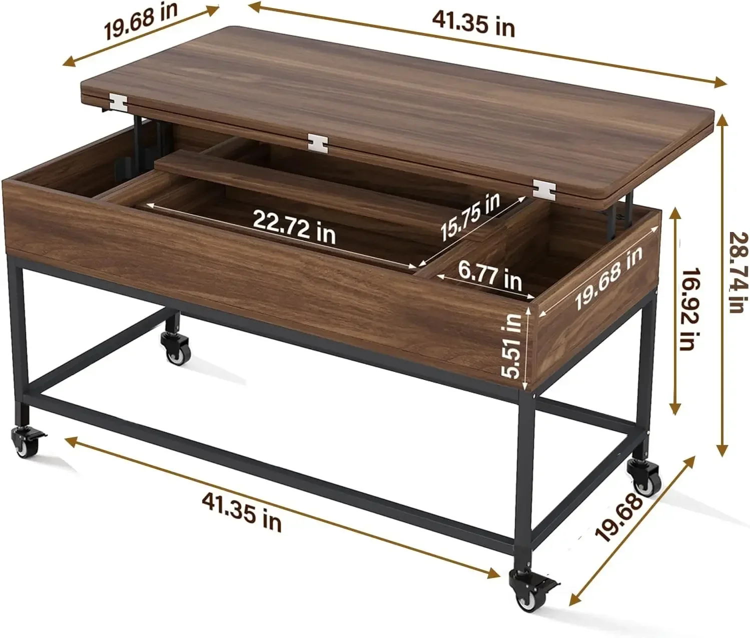 Lift Top Coffee Table, 3in1 Folding Rolling Coffee Table with Storage Drawer Push Opening, Metal Frame Wood Coffee Table