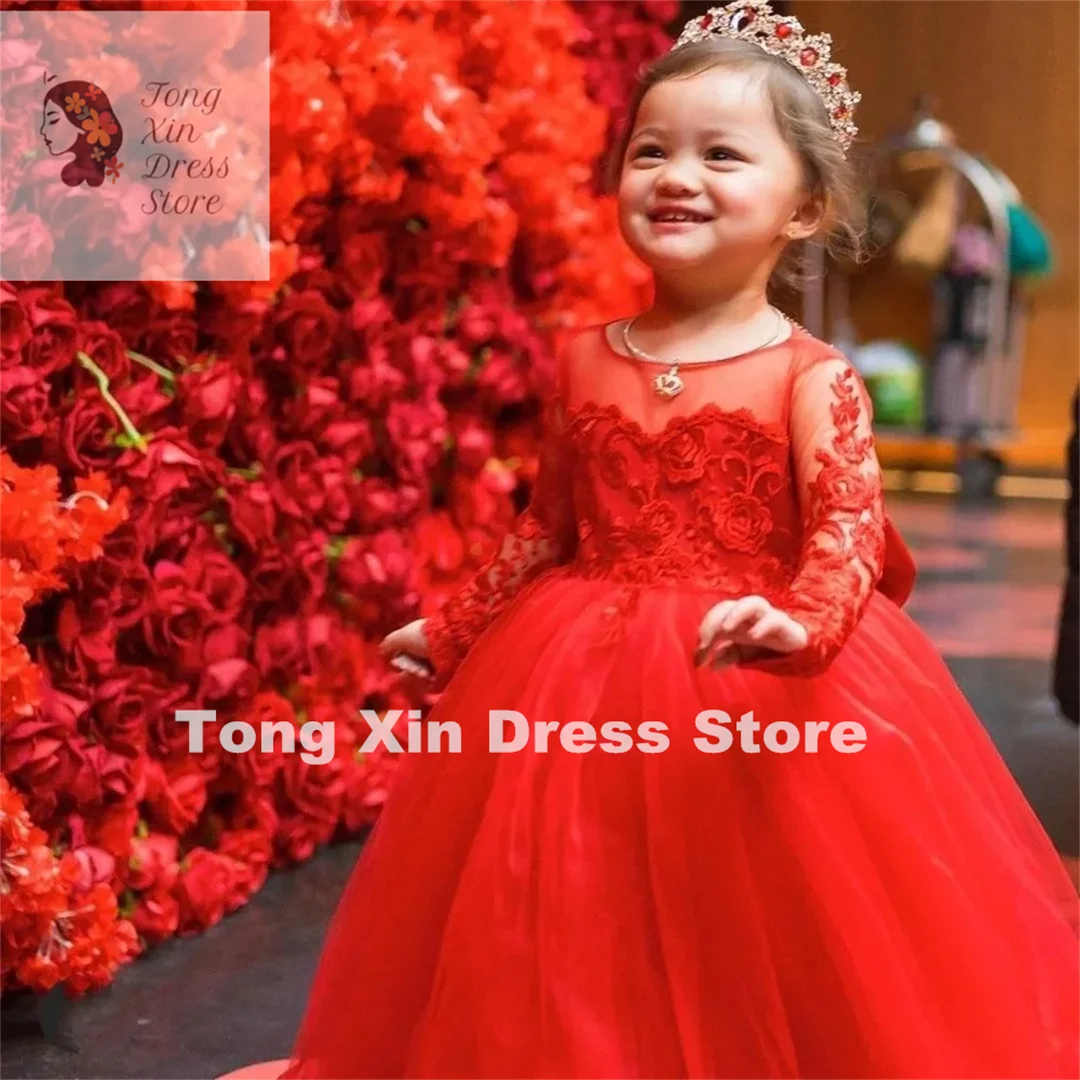 Robes de demoiselle d'honneur rouges pour enfants, robe de princesse moelleuse, jolie applique rouge, plage, invités de mariage, fête d'anniversaire, première communion