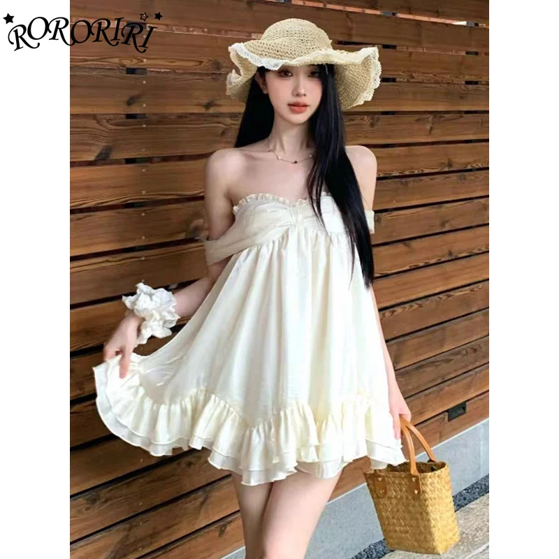 

RORORIRI Desire One-shoulder Corset Mini Dress Women Sleeveless Belt Ruffle Plain A-line Puffy One-piece Flowy Holiday Clothes