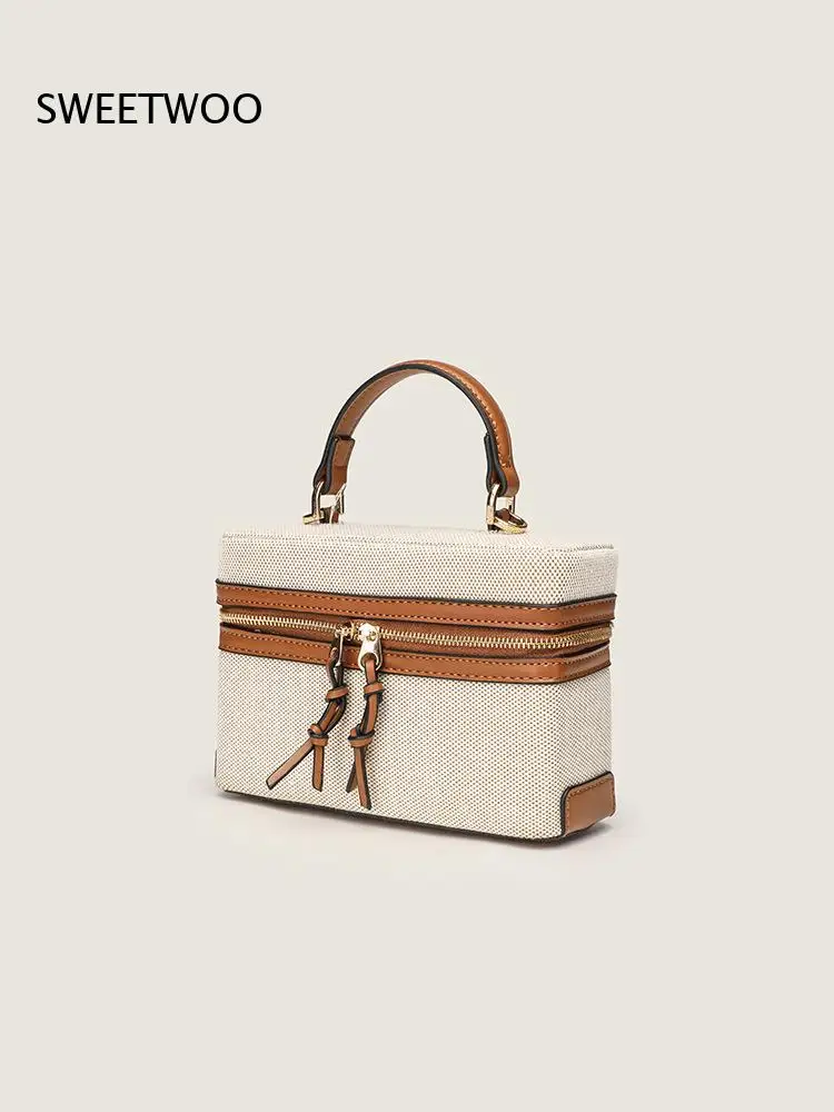 2026 Color Block Zipper Box Crossbody Bag Fabric Pu Splicing Short Top Handle Daily Dating Mini Shoulder Purse