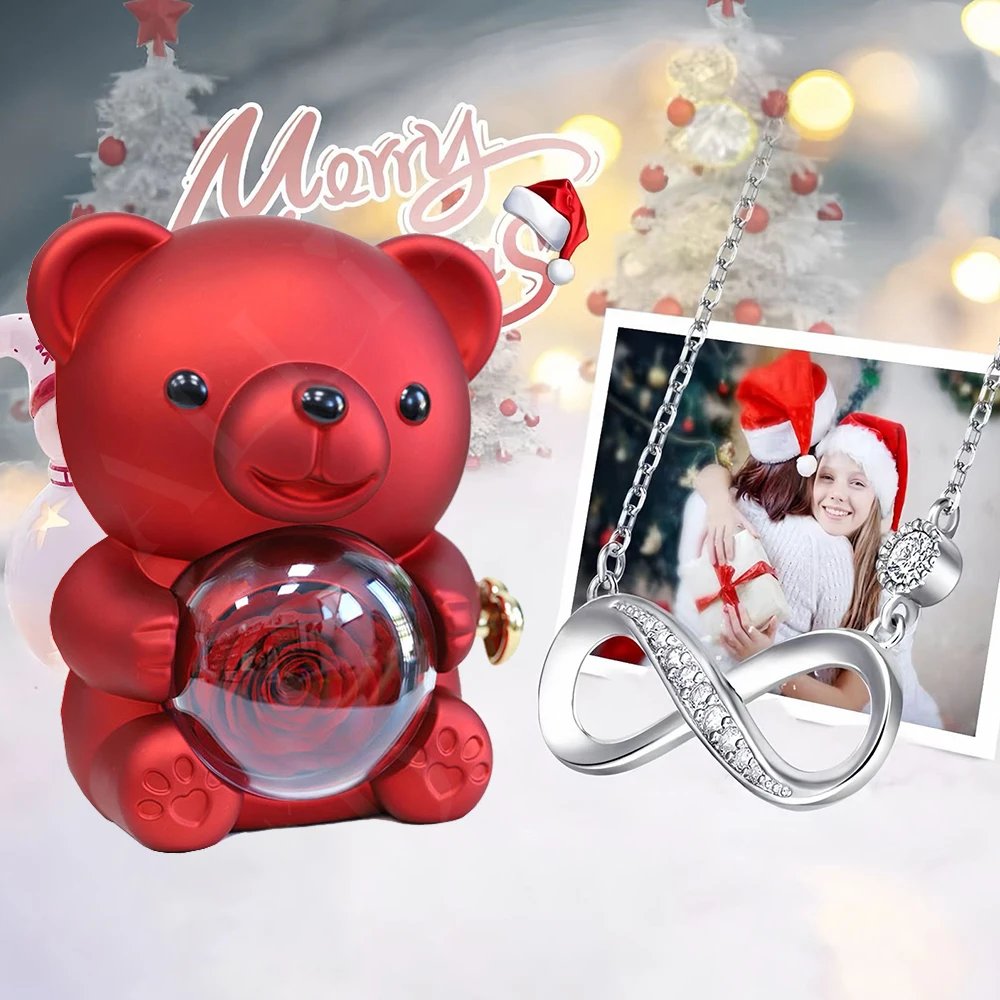 2025 Mother's Day Gifts Idea 8-Character Infinite Love Necklace Real Rose Teddy Bear Jewelry Storage Gift Box for Wife Mom Women