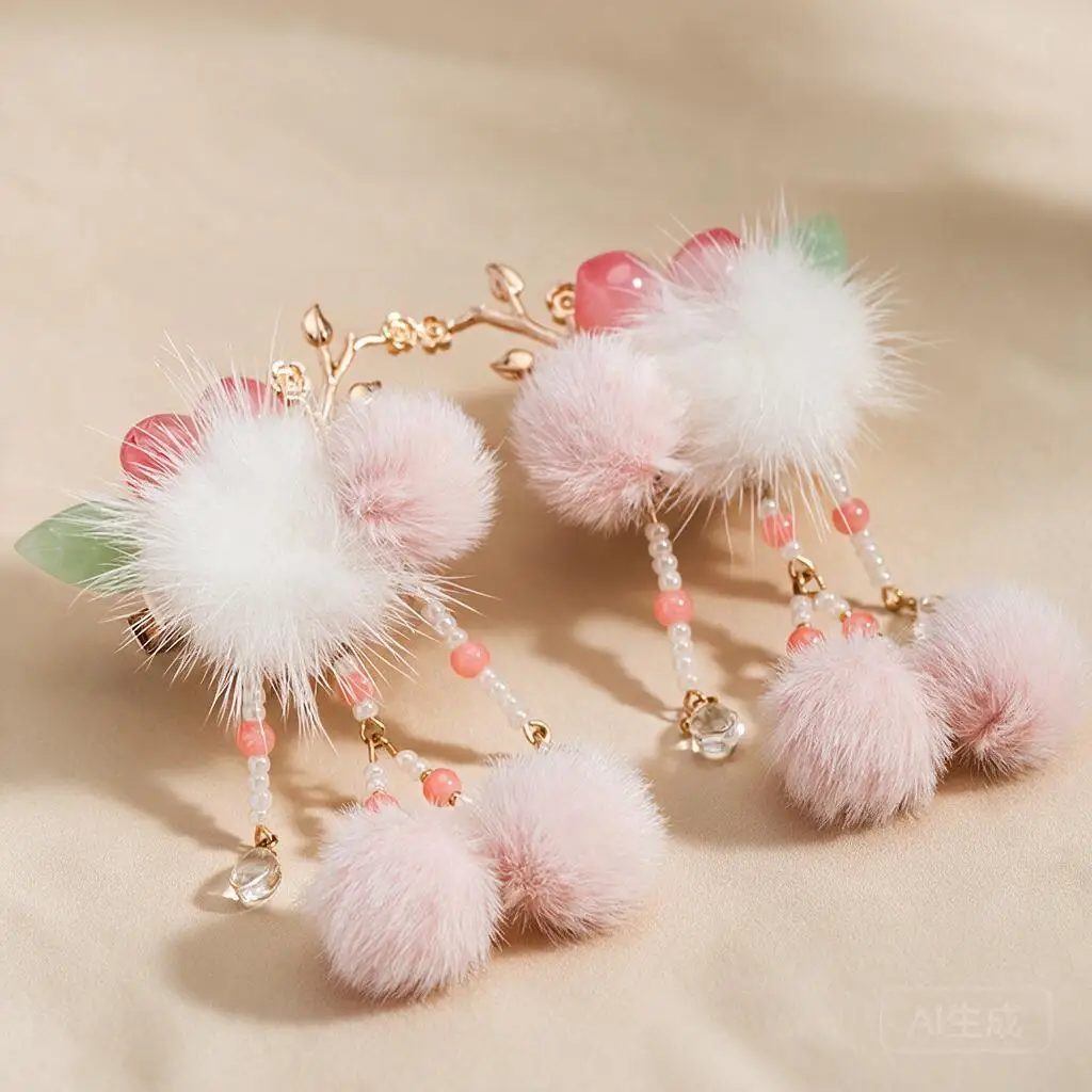 Cute Kids Girls Chinese Hanfu Fluffy Pink Pom Pom Peach Tassel One Pair Hair Clips Winter Plush Barrettes For Daily Party Wear