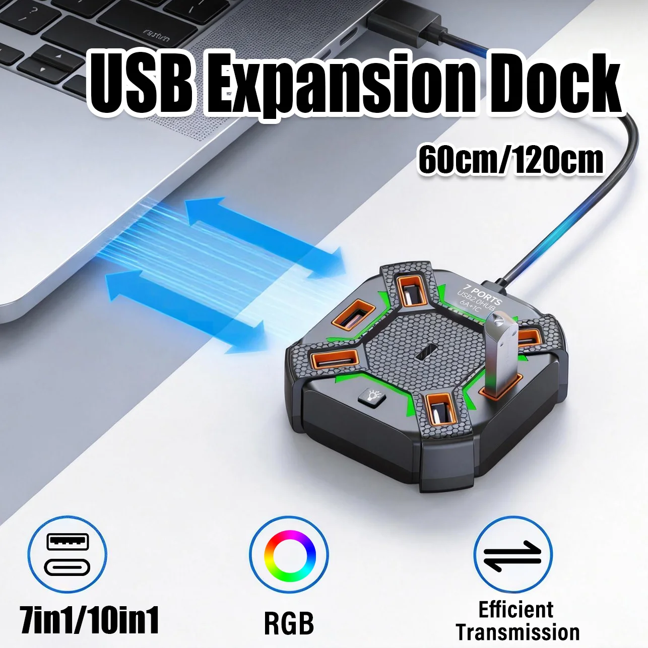 

USB-хаб 7-в-1/10-в-1 с RGB-подсветкой, 8 портов USB + 2 порта Type-C, высокоскоростная передача данных, портативная док-станция для ноутбуков и настольных ПК