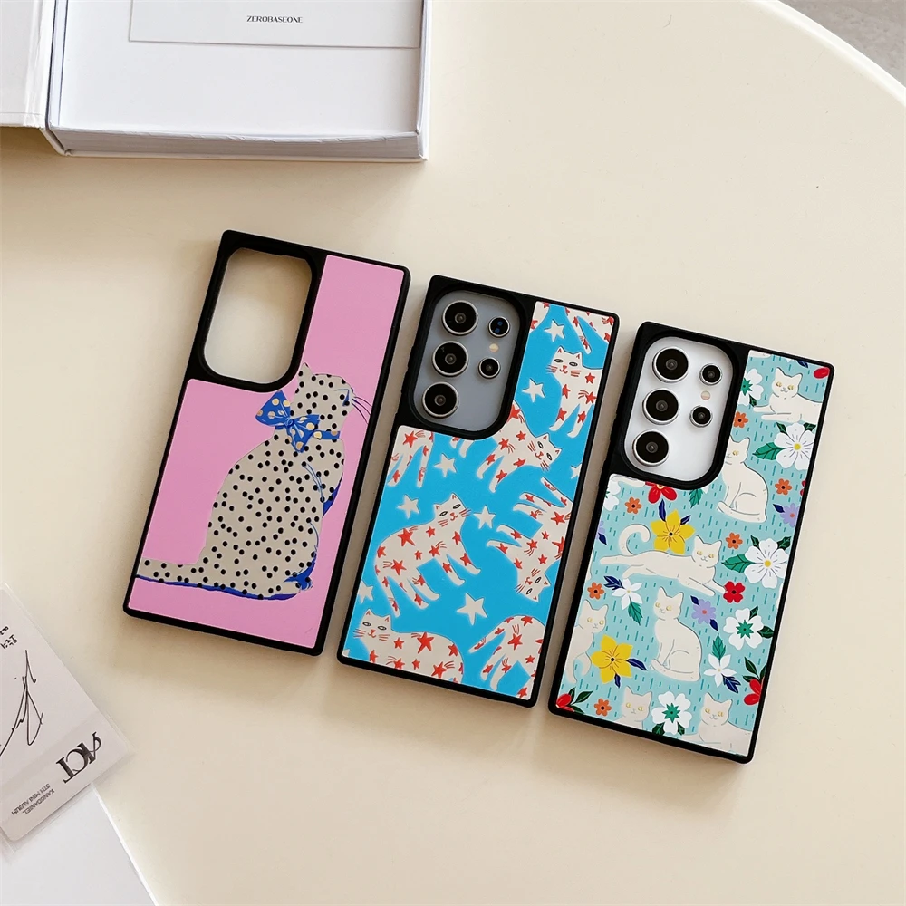 

Case For Samsung S25 S24 S23 Ultra Point Cat Flower Pattern Case Galaxy S23 S24 S25 Plus Hard Back Shockproof Mirror Case