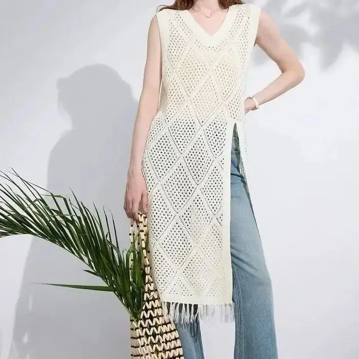 Ladies summer sleeveless solid loose fit dress hollow out knitting V neck midi knit dress for women with tassels side seam split