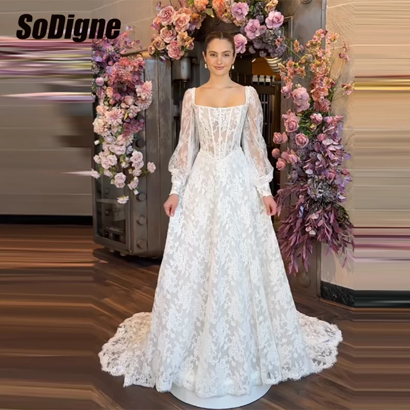 

﻿ SoDigne A-line Boho Wedding Dresses Full Sleeves Square Collar Bridal Dress 2026 Long Bride Gown vestidos de novia Customized